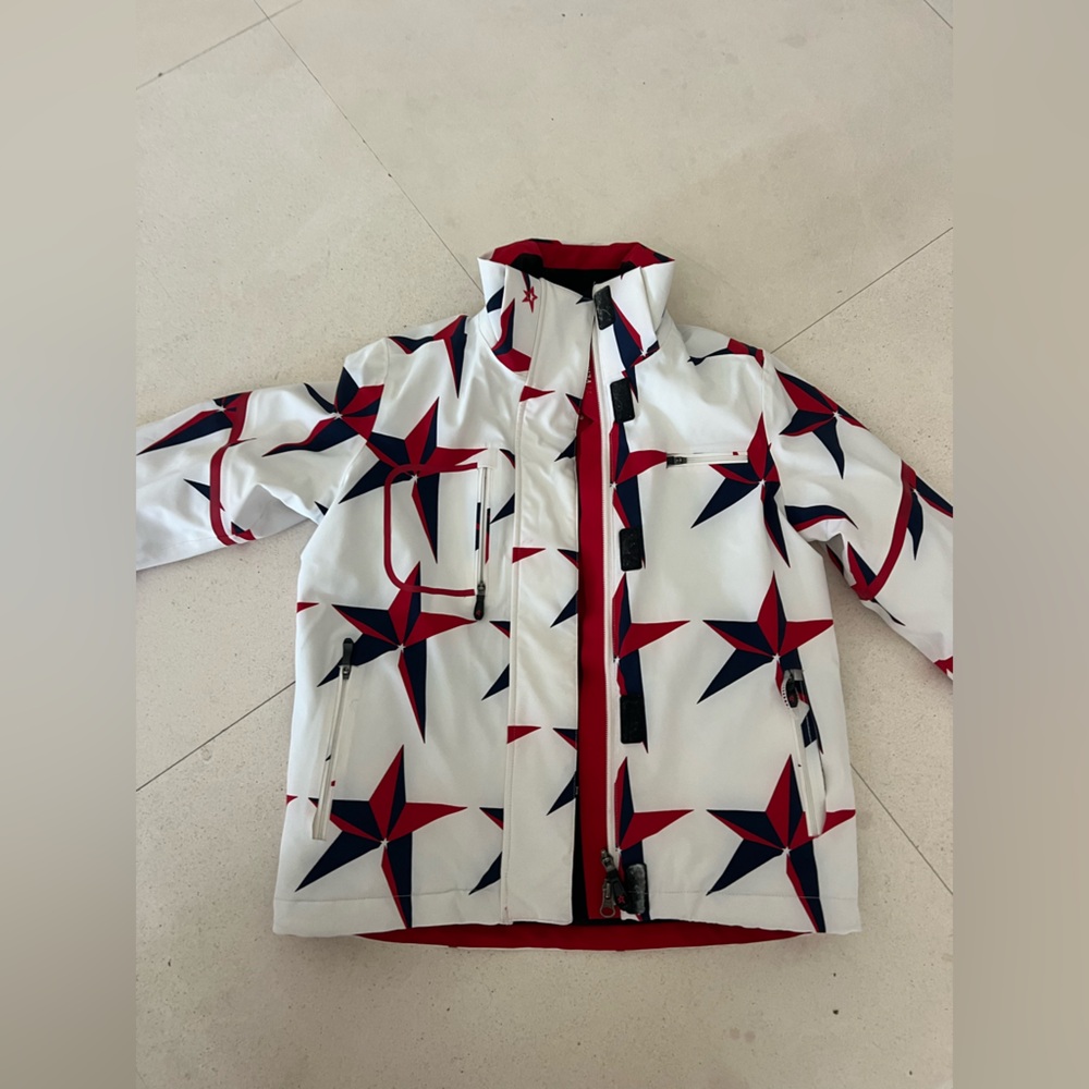 Stylish White Jacket with Red and Blue Star Pattern